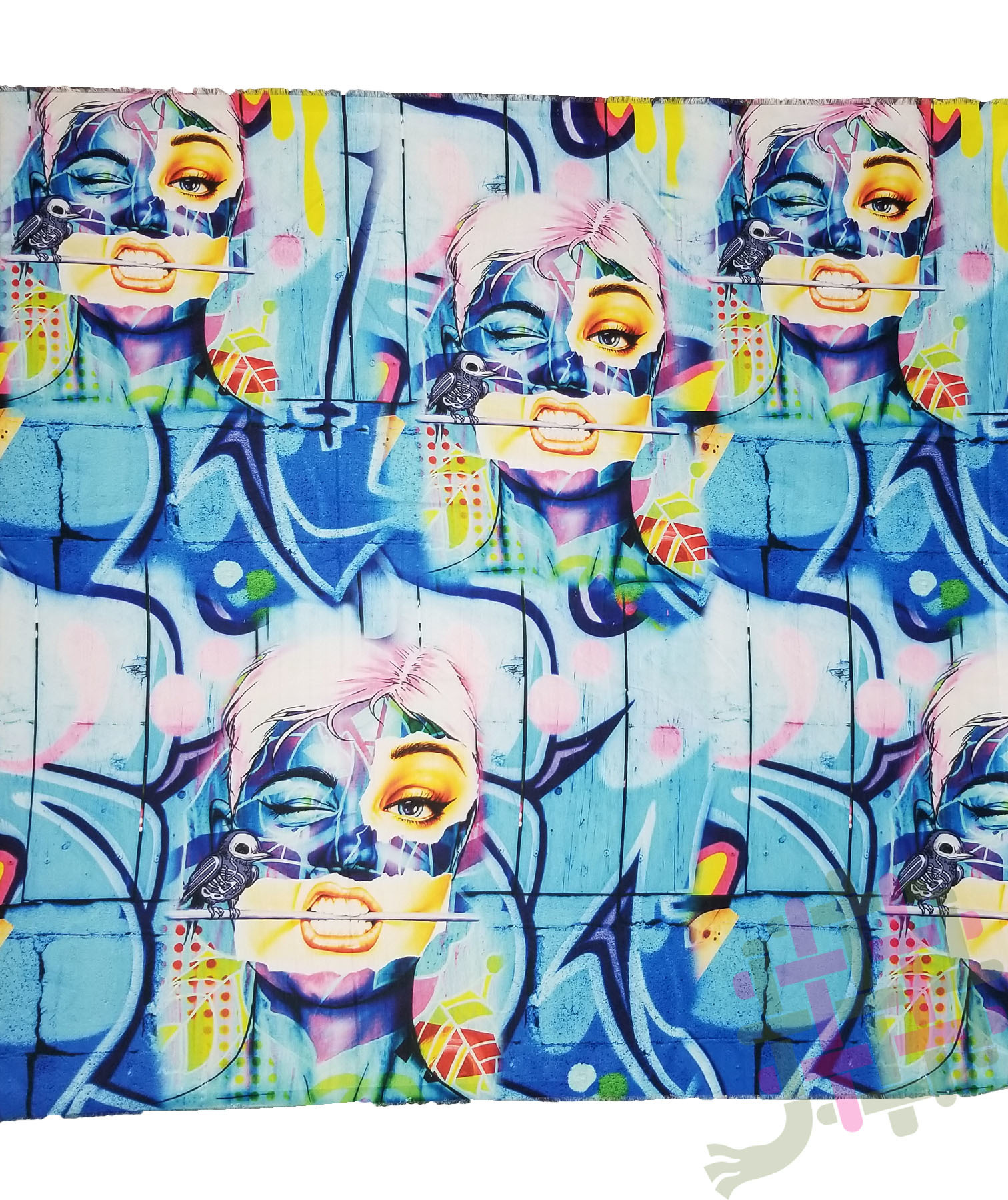 Deearna Export's Artistic Face Design Fancy Digital Print Khadi Rayon Unstitched Fabric - 58" Width, Multicolor/blue For Kurti, Gown, Dress, And More