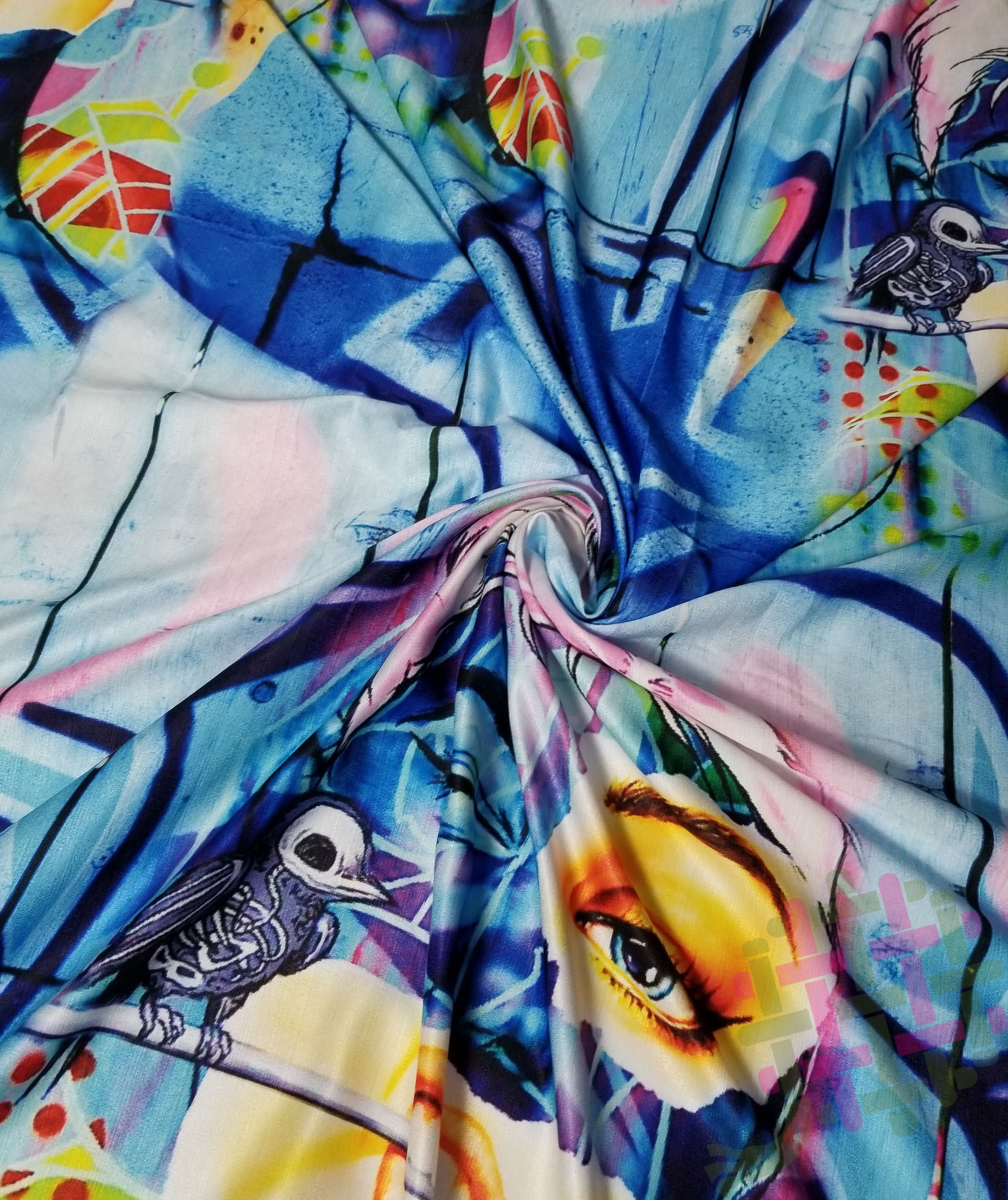 Deearna Export's Artistic Face Design Fancy Digital Print Khadi Rayon Unstitched Fabric - 58" Width, Multicolor/blue For Kurti, Gown, Dress, And More