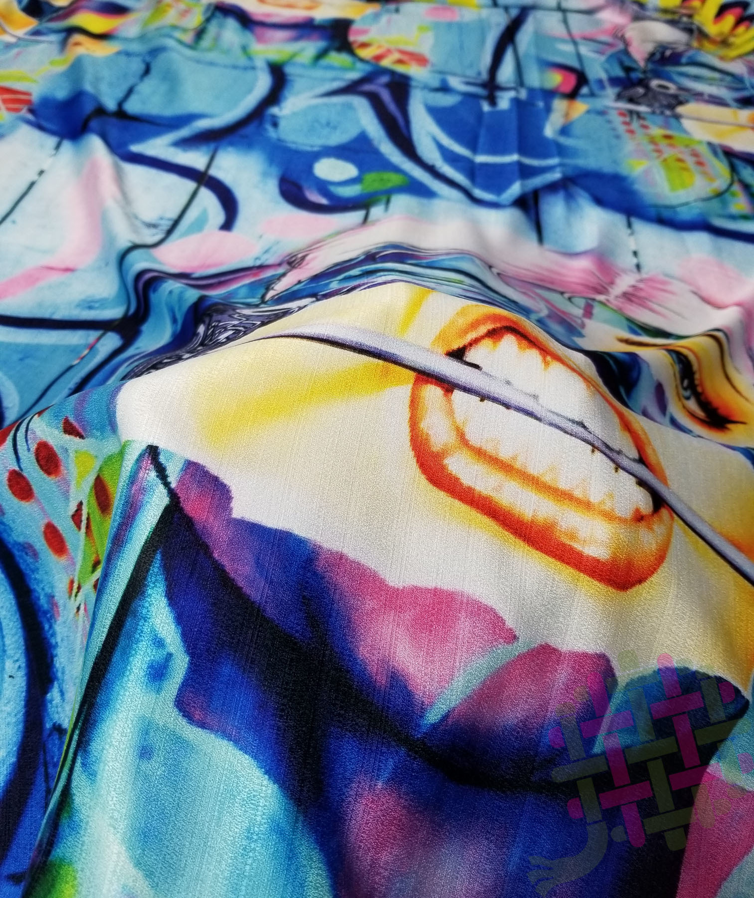 Deearna Export's Artistic Face Design Fancy Digital Print Khadi Rayon Unstitched Fabric - 58" Width, Multicolor/blue For Kurti, Gown, Dress, And More