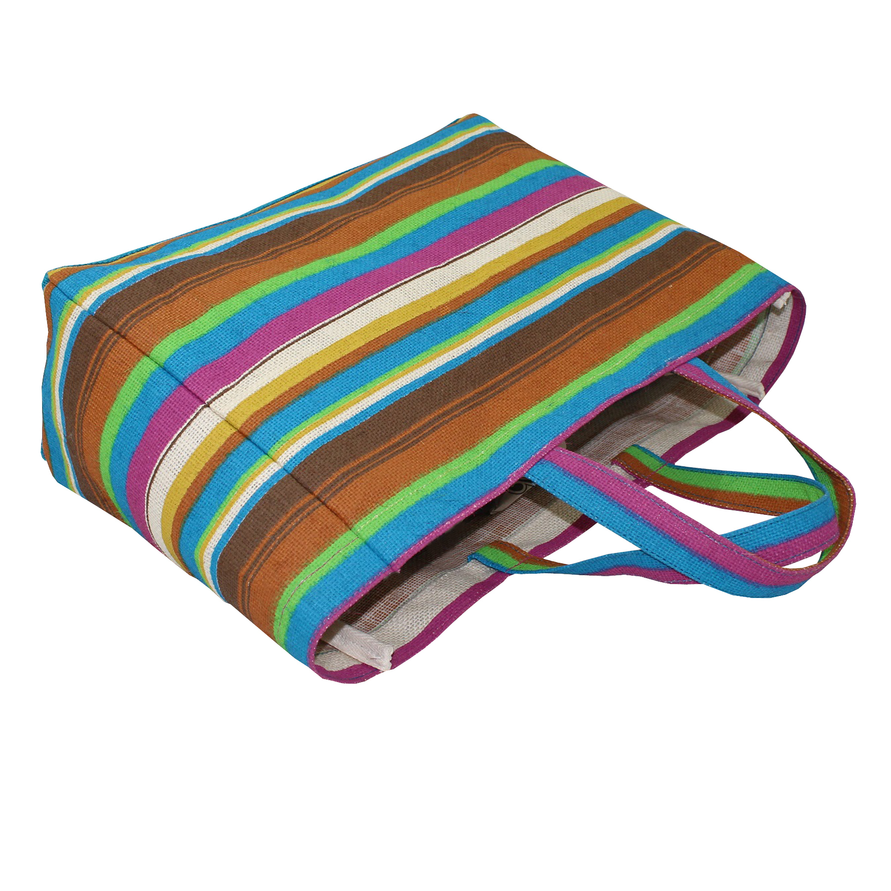 Pp Laminated Jute Bag - 25x35x12 Cm, 7 Color Striped Print, Re-useable Bio-degradable Eco-friendly Material