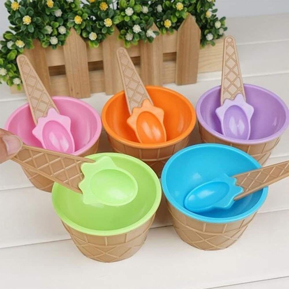 Colorful Set Of Ice Cream Bowl With A Spoon