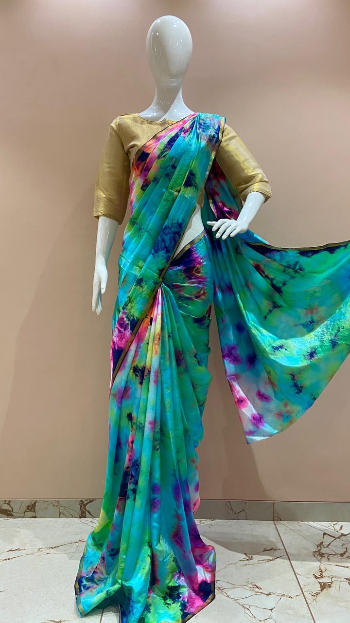 Ladies Saree - Silk Material (5.5+0.8 Mtrs) | Multi-color Floral Print, Golden Blouse, Ideal For Traditional Occasions, Summer Season