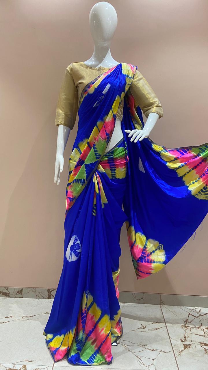 Ladies Saree - Silk Material (5.5+0.8 Mtrs) | Multi-color Floral Print, Golden Blouse, Ideal For Traditional Occasions, Summer Season