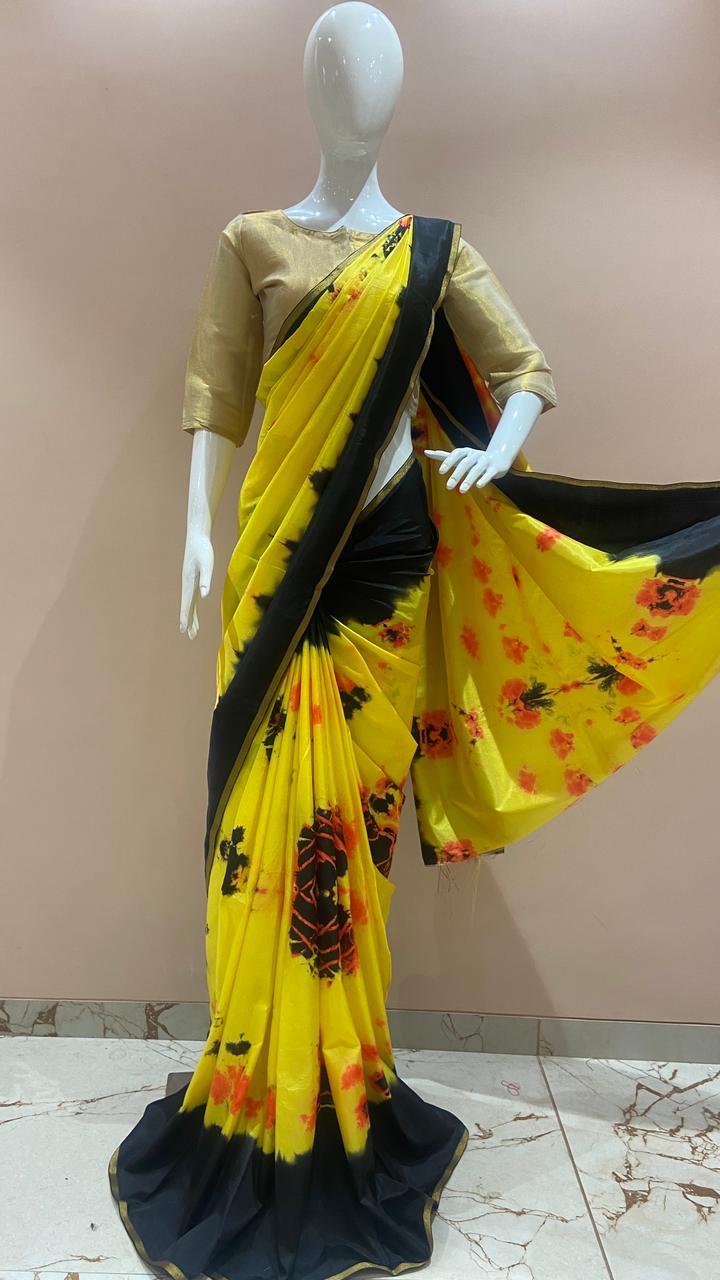 Ladies Saree - Silk Material (5.5+0.8 Mtrs) | Multi-color Floral Print, Golden Blouse, Ideal For Traditional Occasions, Summer Season