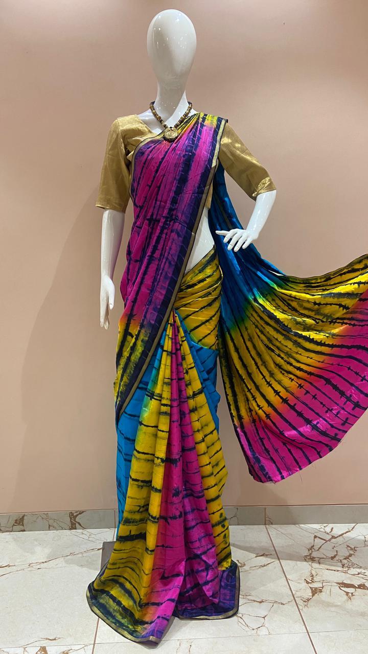 Ladies Saree - Silk Material (5.5+0.8 Mtrs) | Multi-color Floral Print, Golden Blouse, Ideal For Traditional Occasions, Summer Season