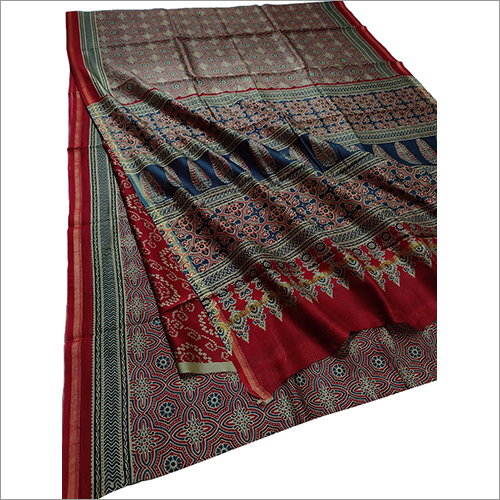 Ladies Chanderi Silk Ajrakh Printed Saree - Color: Different Colors Available