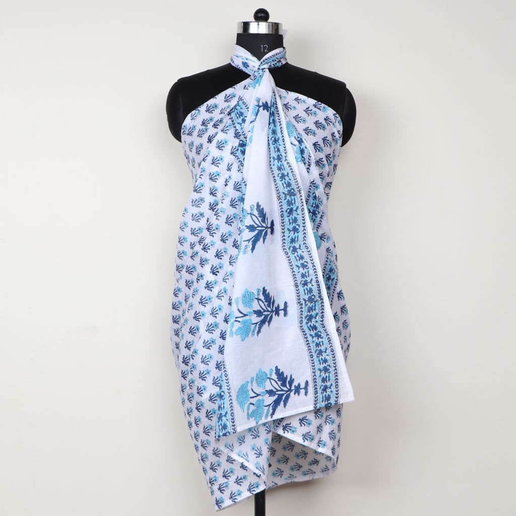 Washable Blue Color Hand Print Cotton Sarong