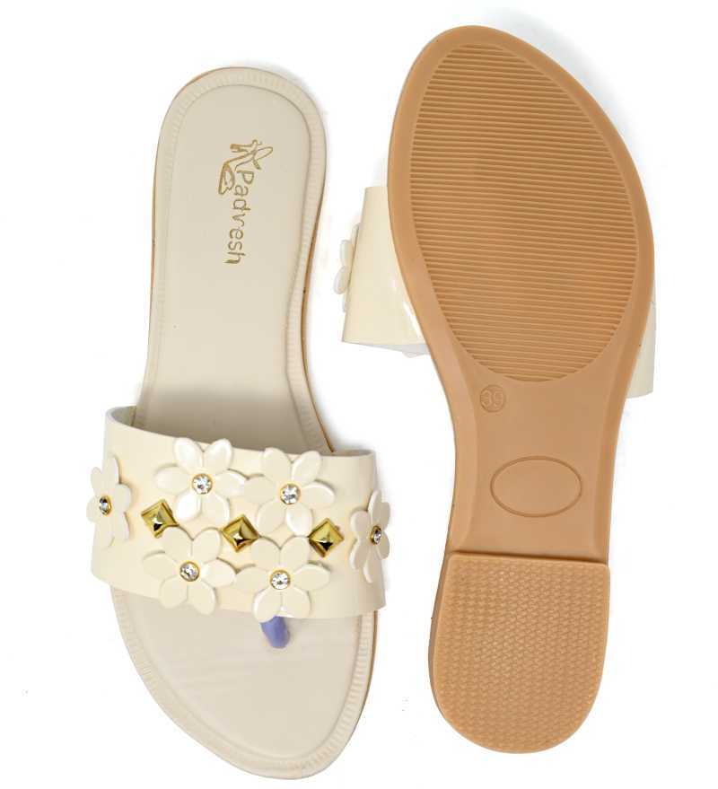 Ladies Sandals - Synthetic Material, Flat Fancy Heel, Ivory White | Soft Anti-slip, Easy To Clean, Ideal For Casual And Party Occasions
