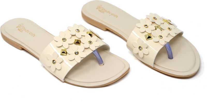 Ladies Sandals - Synthetic Material, Flat Fancy Heel, Ivory White | Soft Anti-slip, Easy To Clean, Ideal For Casual And Party Occasions