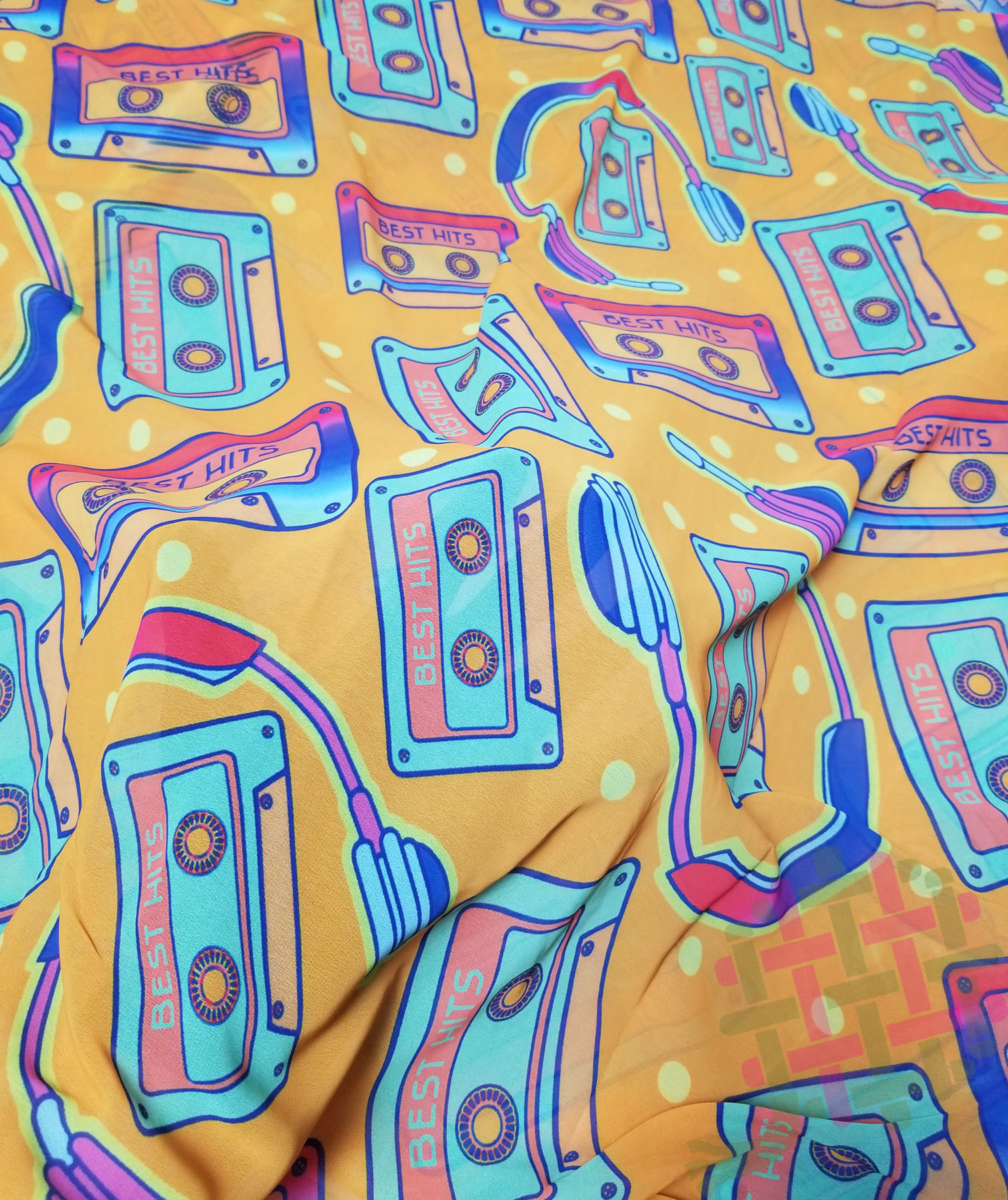 Deearna Exports Musical Theme Mumbai Georgette Digital Print Unstitched Fabric - 44" Wide | 4 Colors: Orange, Red, Skyblue, Yellow, Perfect For Garments
