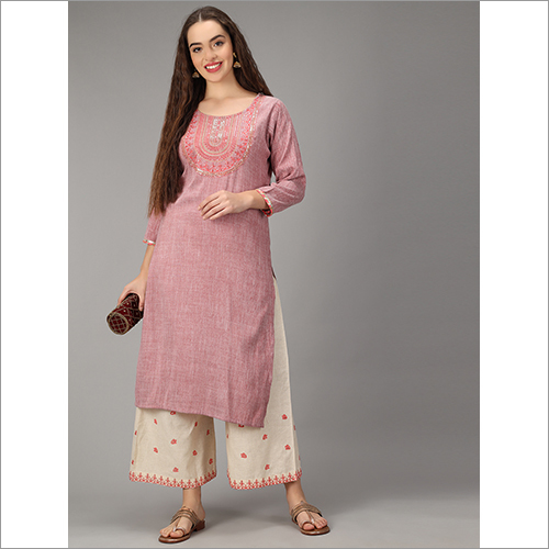 Pink & Off White Ladies Fancy Kurti Palazzo Set