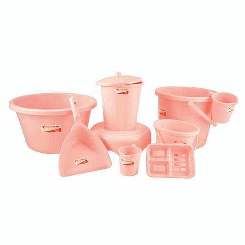 9 Pcs Plastic Bathroom Set - Rigid Plastic, Round Shape, Pink Color | Unbreakable Design, 1 Year Warranty