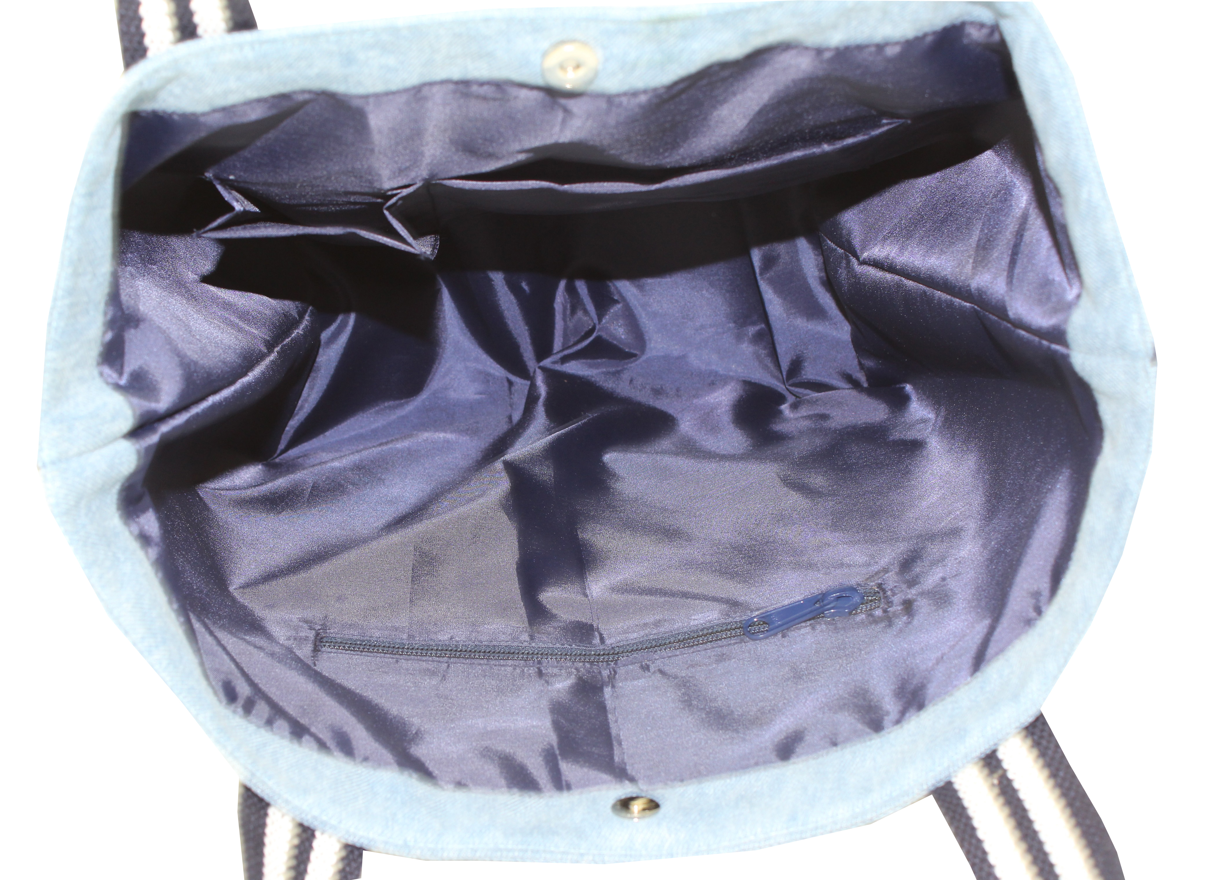 Denim Shopping Bag - 12 Oz, 35 X 42 X 15 Cm Size, Customized Design, Eco-friendly Features, Magnetic Button Closure, Multiple Pockets