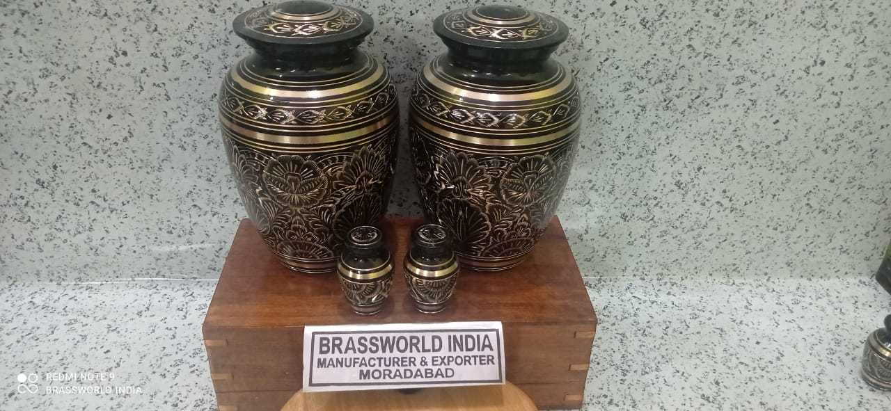 Pair Of Black Golden Full Engraved Cremation Urn Funeral Supplies