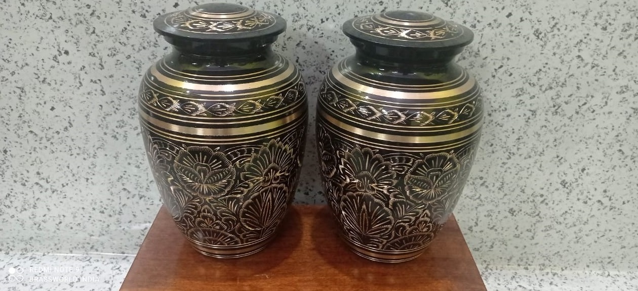 Pair Of Black Golden Full Engraved Cremation Urn Funeral Supplies