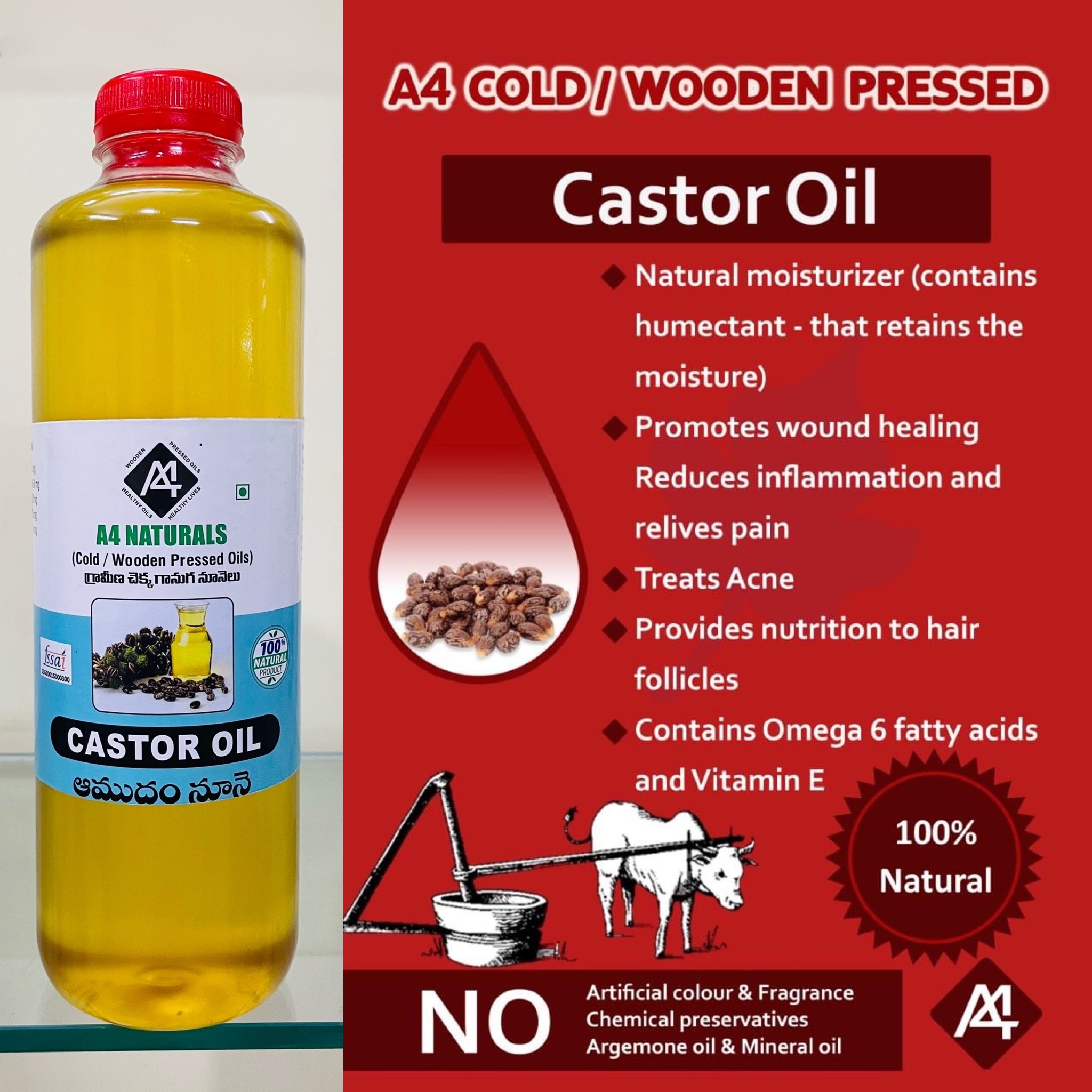 Edible Castor Oil - Cold Pressed, A Grade Purity | Premium Quality From Certified Organic Castor Seeds, Natural Emollient With Laxative Properties