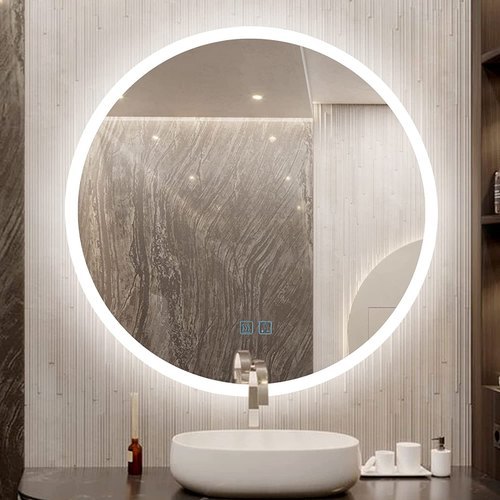 Round Shape LED Bathroom Mirror - 600 mm Diameter, Aluminum Frame, Silver Finish, Copper Free with Defogger and Three Color Options
