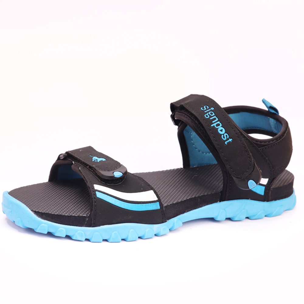 Men's Comfortable Sandal - Pvc Upper, Tpr Outsole, Low Heel, Sizes 6-11, Black/sky Blue | Velcro Type, Platform Style, Ideal For Summer & Spring