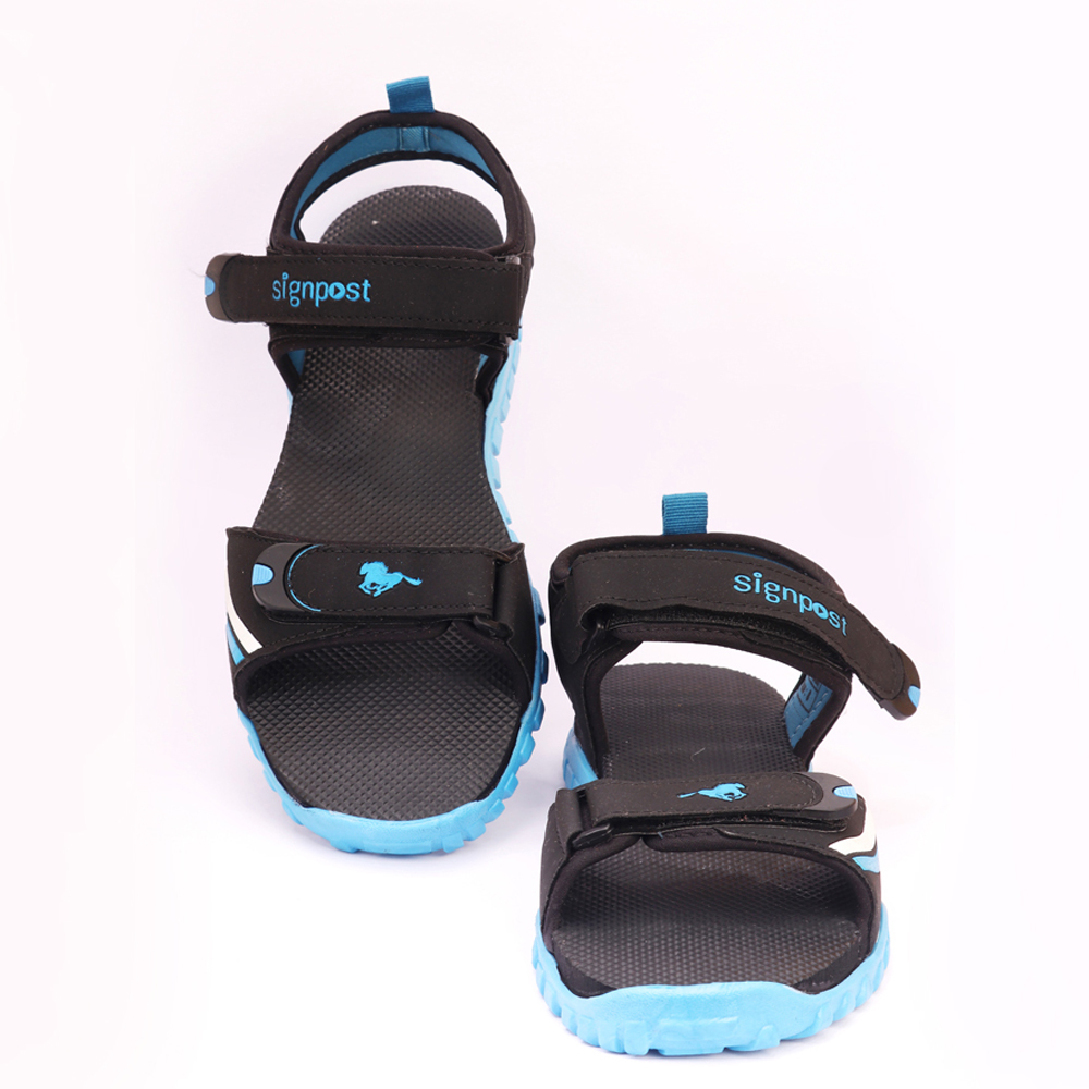 Men's Comfortable Sandal - Pvc Upper, Tpr Outsole, Low Heel, Sizes 6-11, Black/sky Blue | Velcro Type, Platform Style, Ideal For Summer & Spring