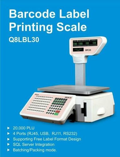 Label Printing Scale - Plastic Material, 30kg Capacity, 58mm Printer Size, 90mm/s Print Speed | Inbuilt WIFI, 20000 PLU Storage, Multiple Interfaces: USB, RJ45 LAN, RJ11, RS232, Updated Technology