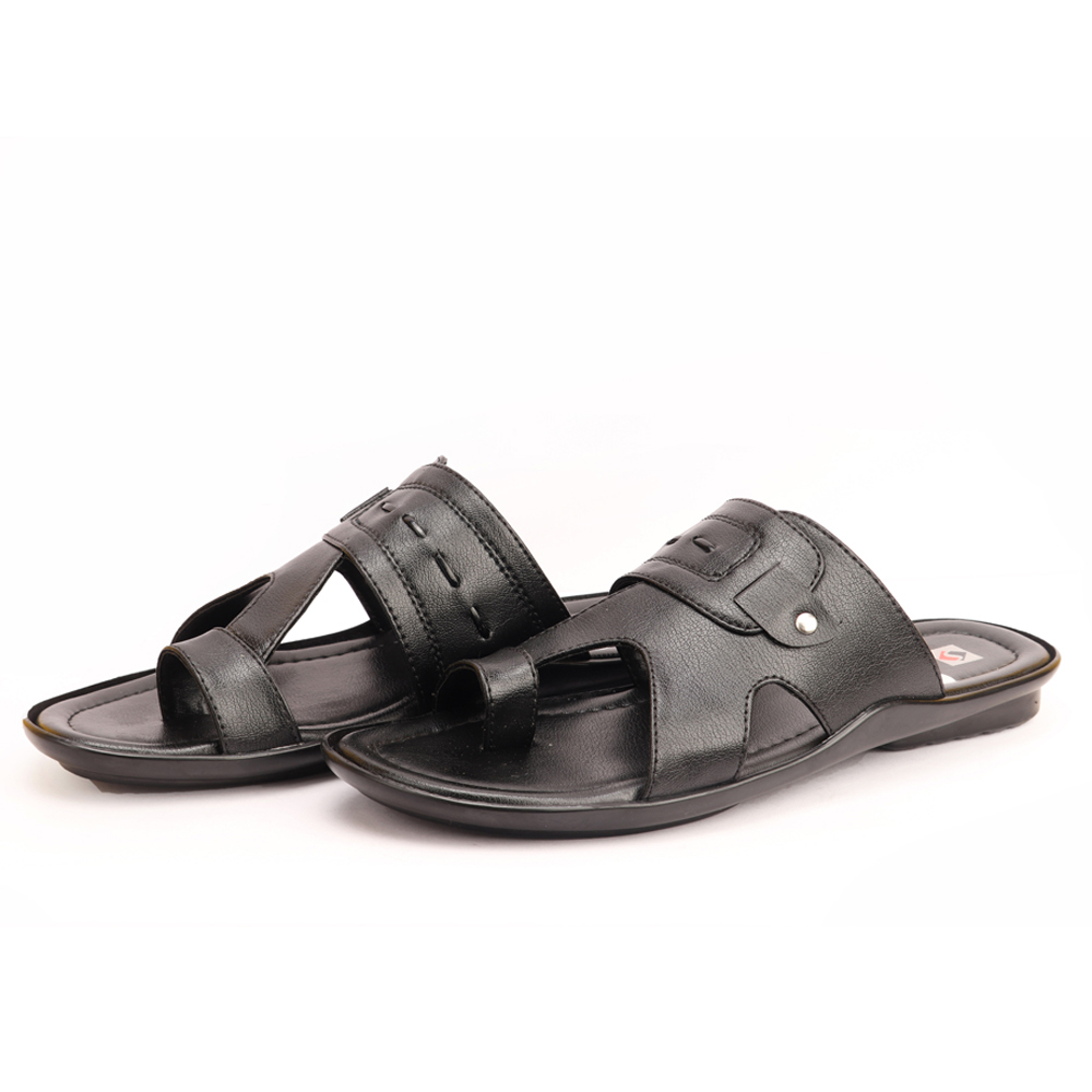 Men's Casual Toe Ring Slippers - Pu Upper, Tpr Outsole, All Sizes, Black | Soft, Flexible, Water Resistant, Anti-skid, Impact Absorption