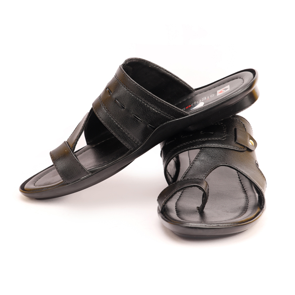 Men's Casual Toe Ring Slippers - Pu Upper, Tpr Outsole, All Sizes, Black | Soft, Flexible, Water Resistant, Anti-skid, Impact Absorption