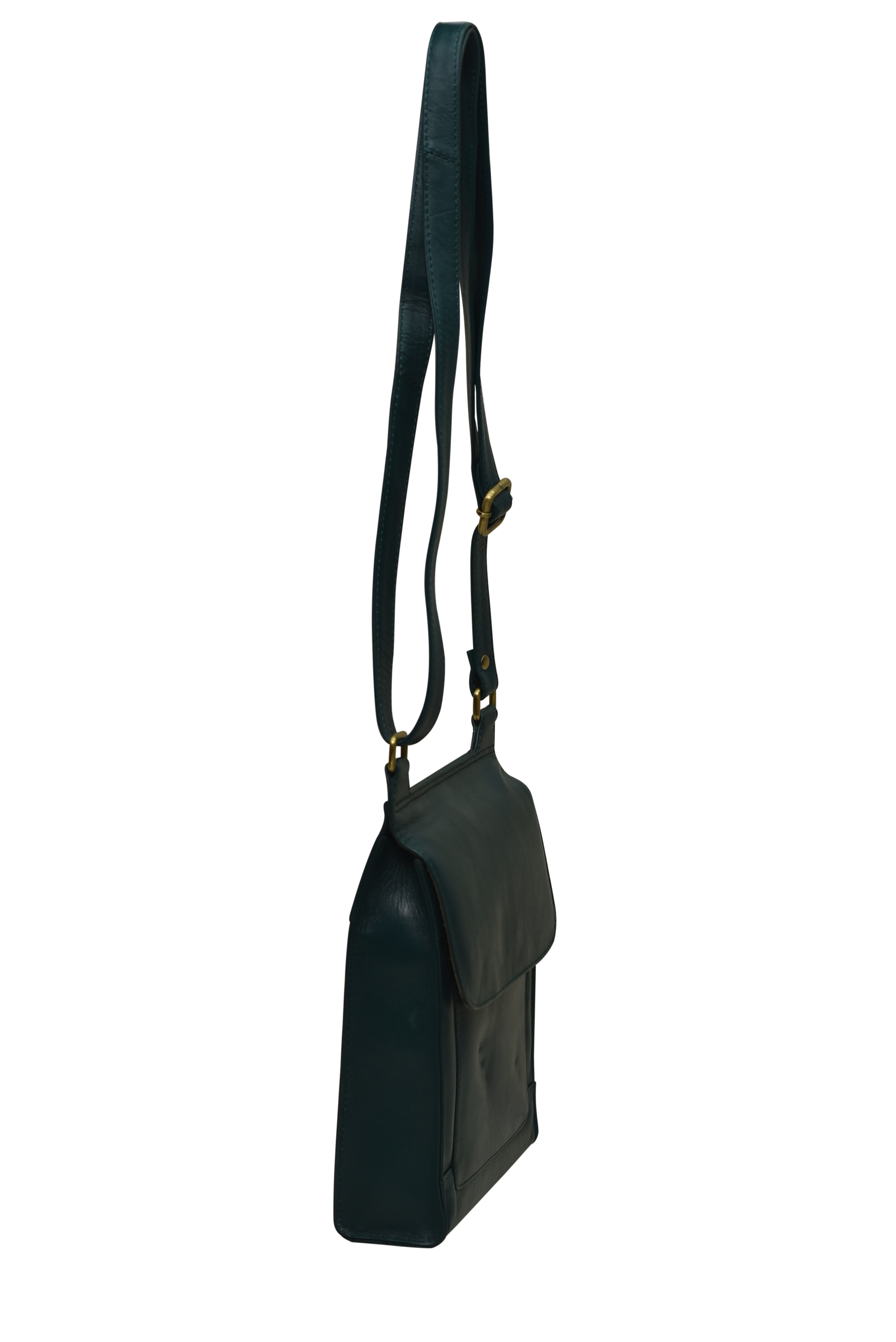Leather Shoulder Sling Bag - 20x25x6 Cm, Genuine Green Leather, Adjustable Strap, 5 Pockets