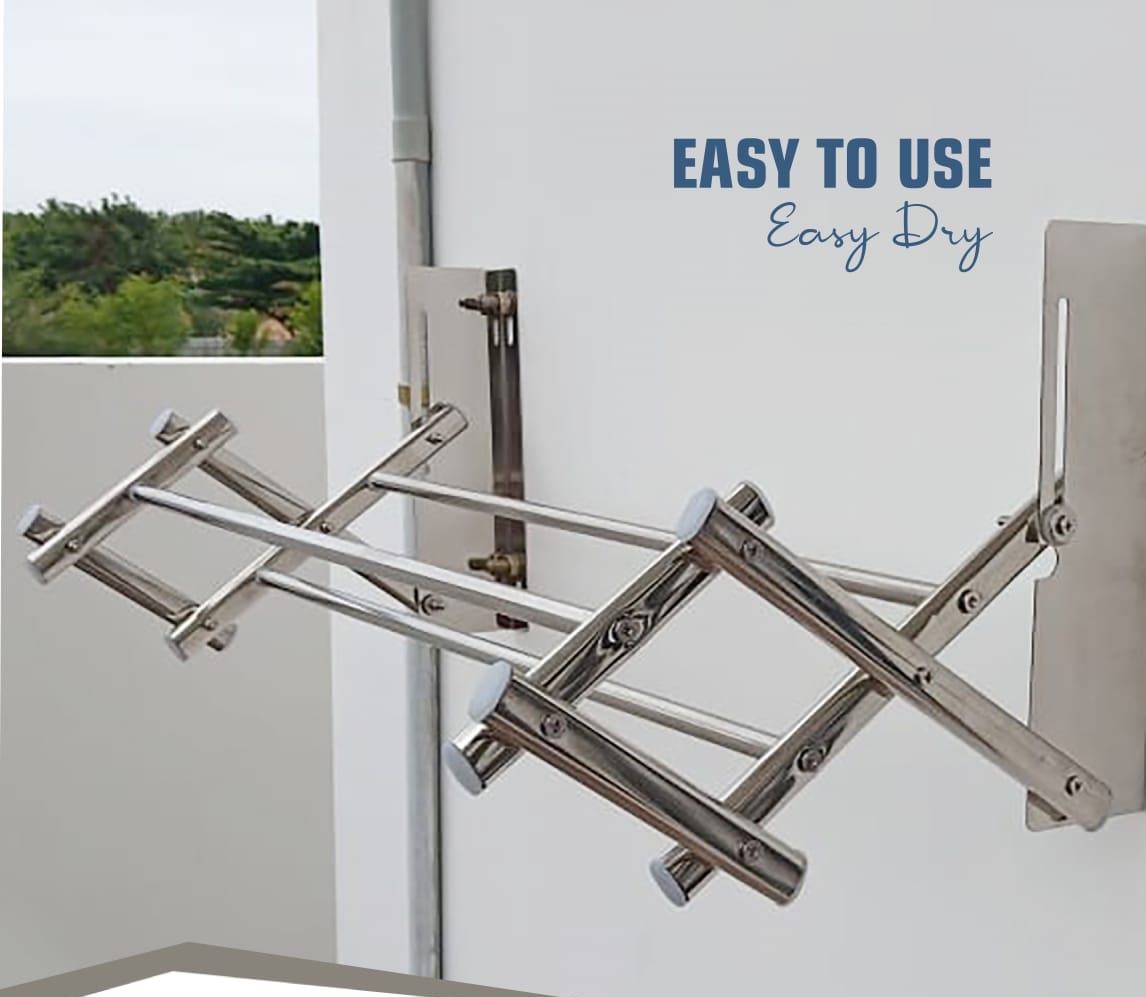 Cloth Drying Hangers - Stainless Steel, 5 Feet Folding Design | Wall Mounted, Space Saving Unit For Dresses