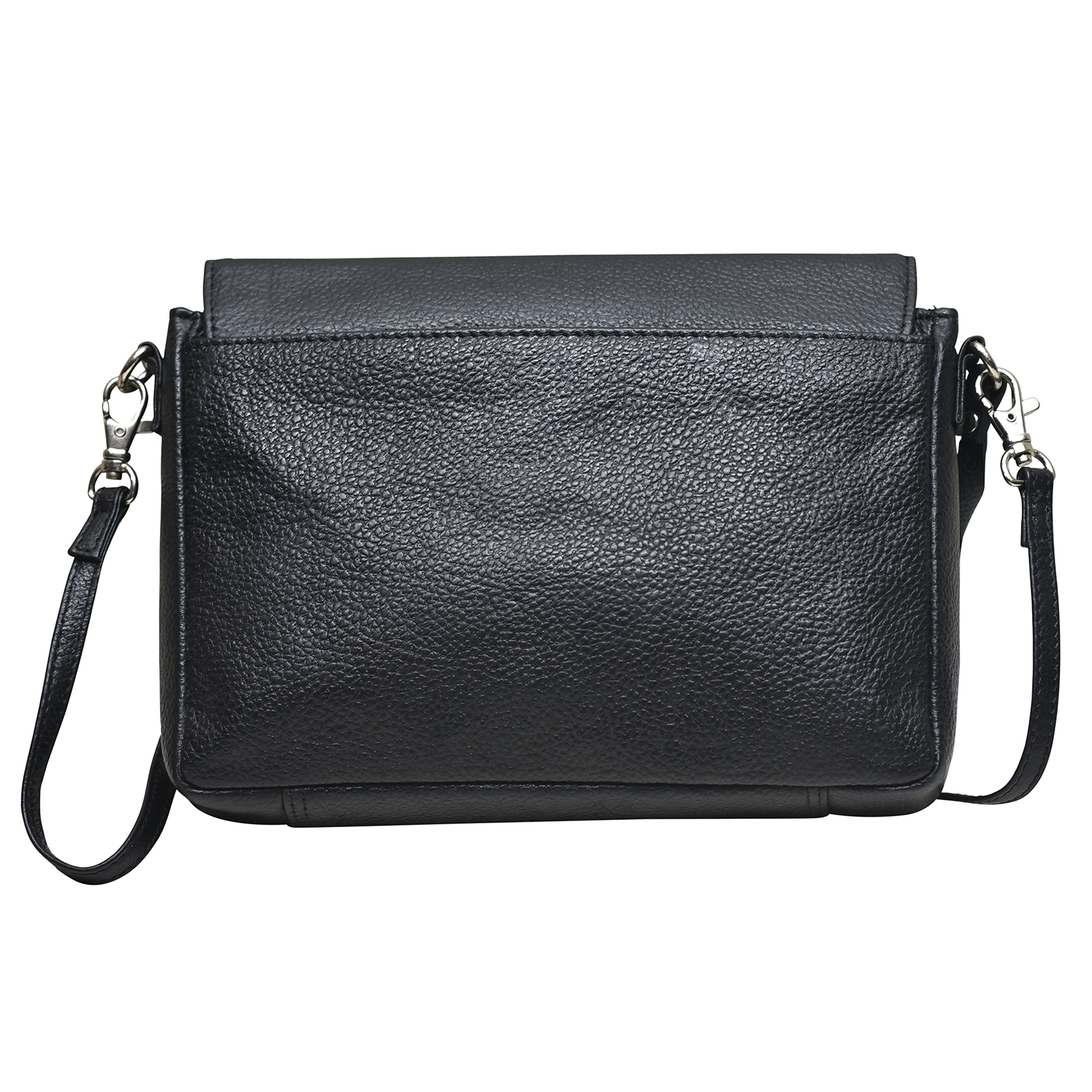 Genuine Leather Sling Shoulder Bag - 22x18x4 Cm, Black Color With Flap Over Closure, 1 Back Slip Pocket & 2 Inner Zip Pockets