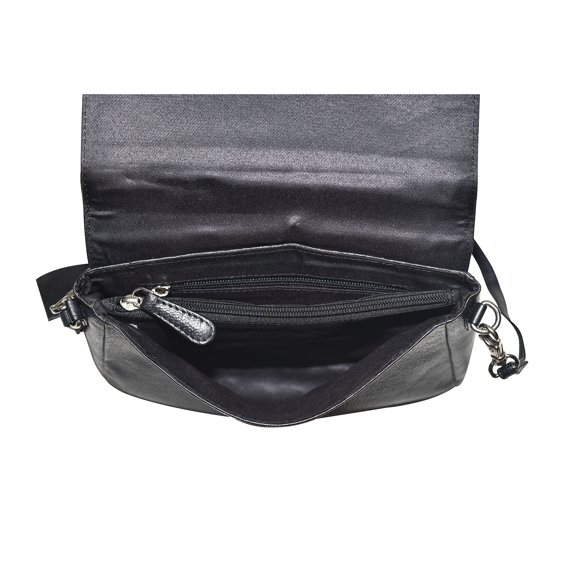 Genuine Leather Sling Shoulder Bag - 22x18x4 Cm, Black Color With Flap Over Closure, 1 Back Slip Pocket & 2 Inner Zip Pockets