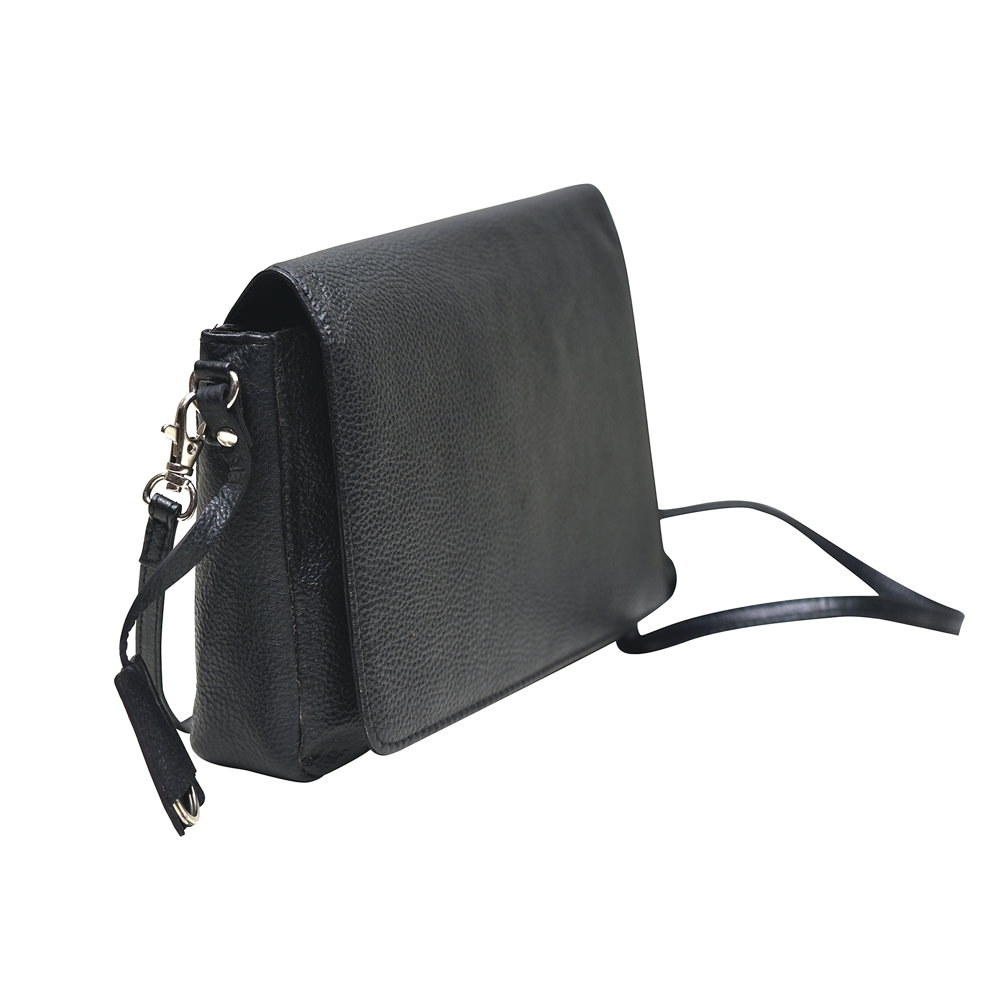 Genuine Leather Sling Shoulder Bag - 22x18x4 Cm, Black Color With Flap Over Closure, 1 Back Slip Pocket & 2 Inner Zip Pockets