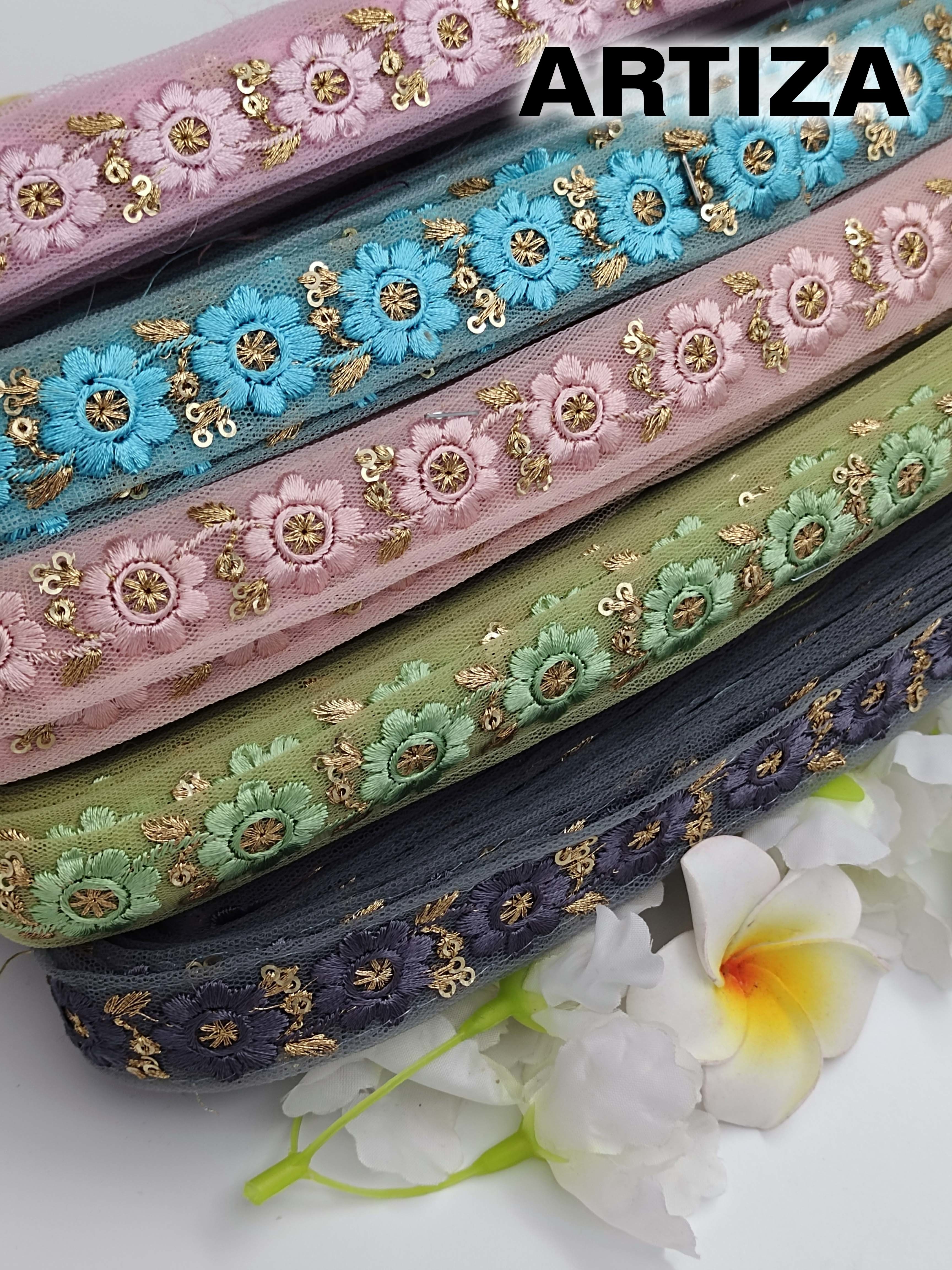 Saree Laces - Synthetic Floral Embroidered Lace, 4 Cm Width | Multi-color, Sequins Decoration, Customizable Length, Medium Tensile Strength