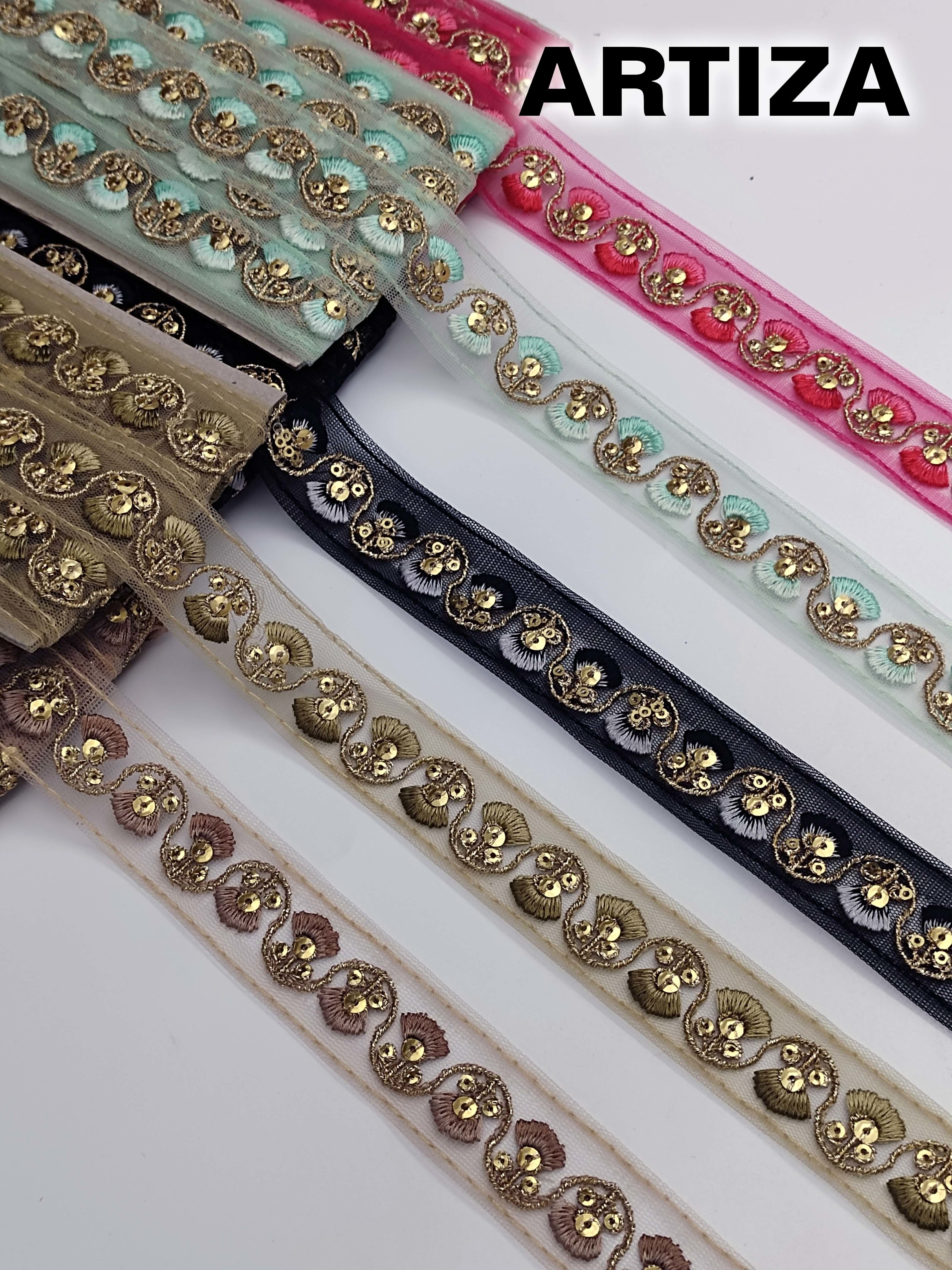Saree Laces - Synthetic Floral Embroidered Lace, 4 Cm Width | Multi-color, Sequins Decoration, Customizable Length, Medium Tensile Strength