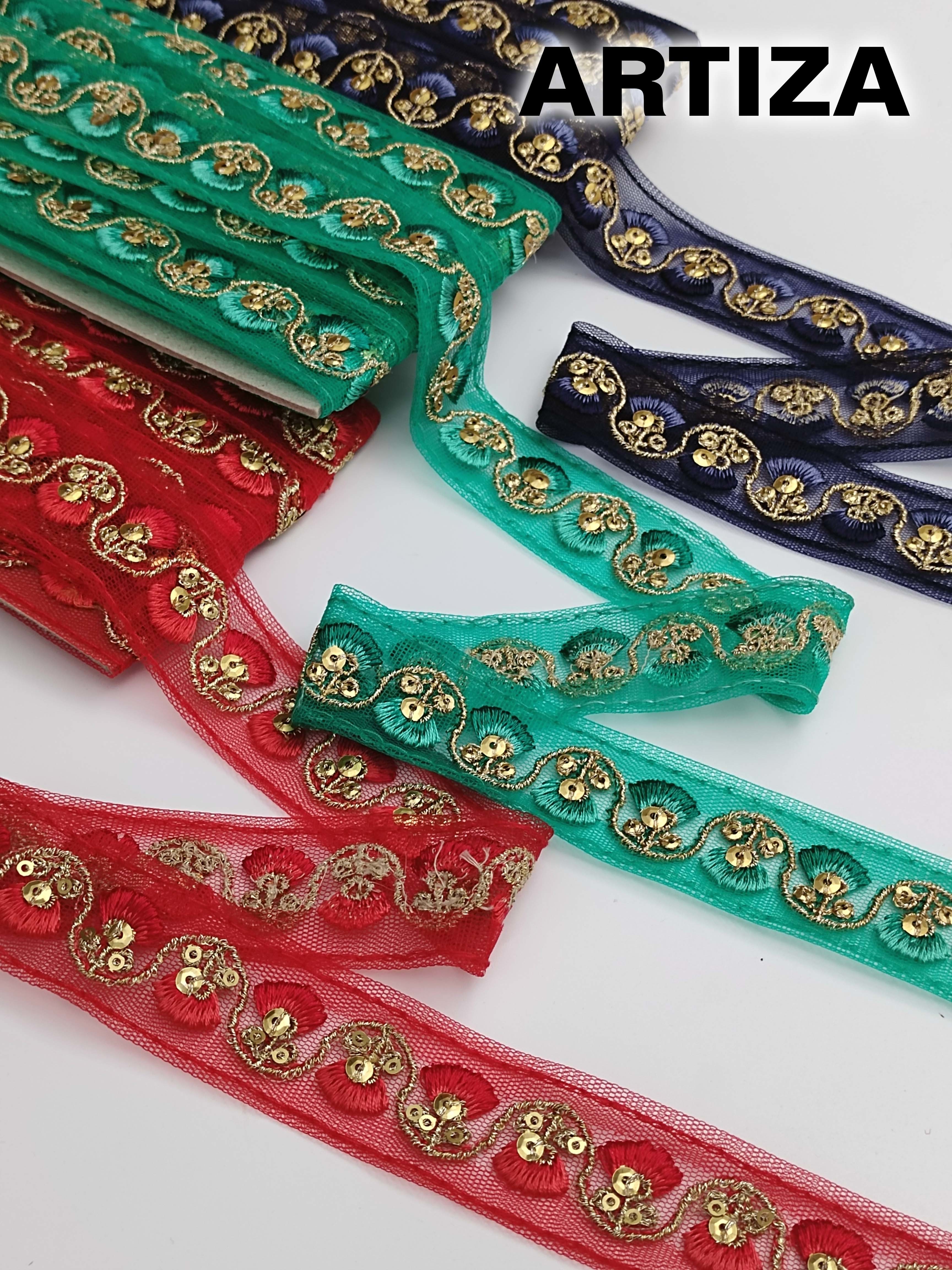 Saree Laces - Synthetic Floral Embroidered Lace, 4 Cm Width | Multi-color, Sequins Decoration, Customizable Length, Medium Tensile Strength