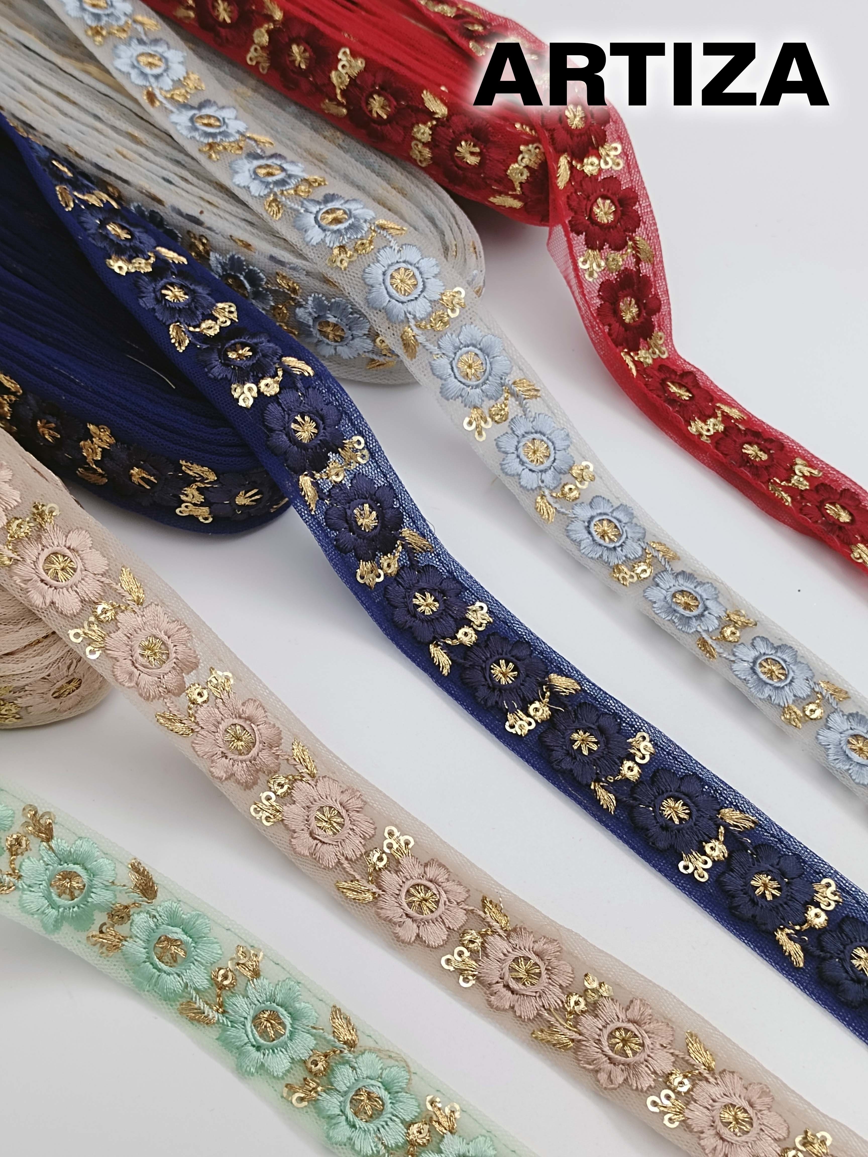 Saree Laces - Synthetic Floral Embroidered Lace, 4 Cm Width | Multi-color, Sequins Decoration, Customizable Length, Medium Tensile Strength