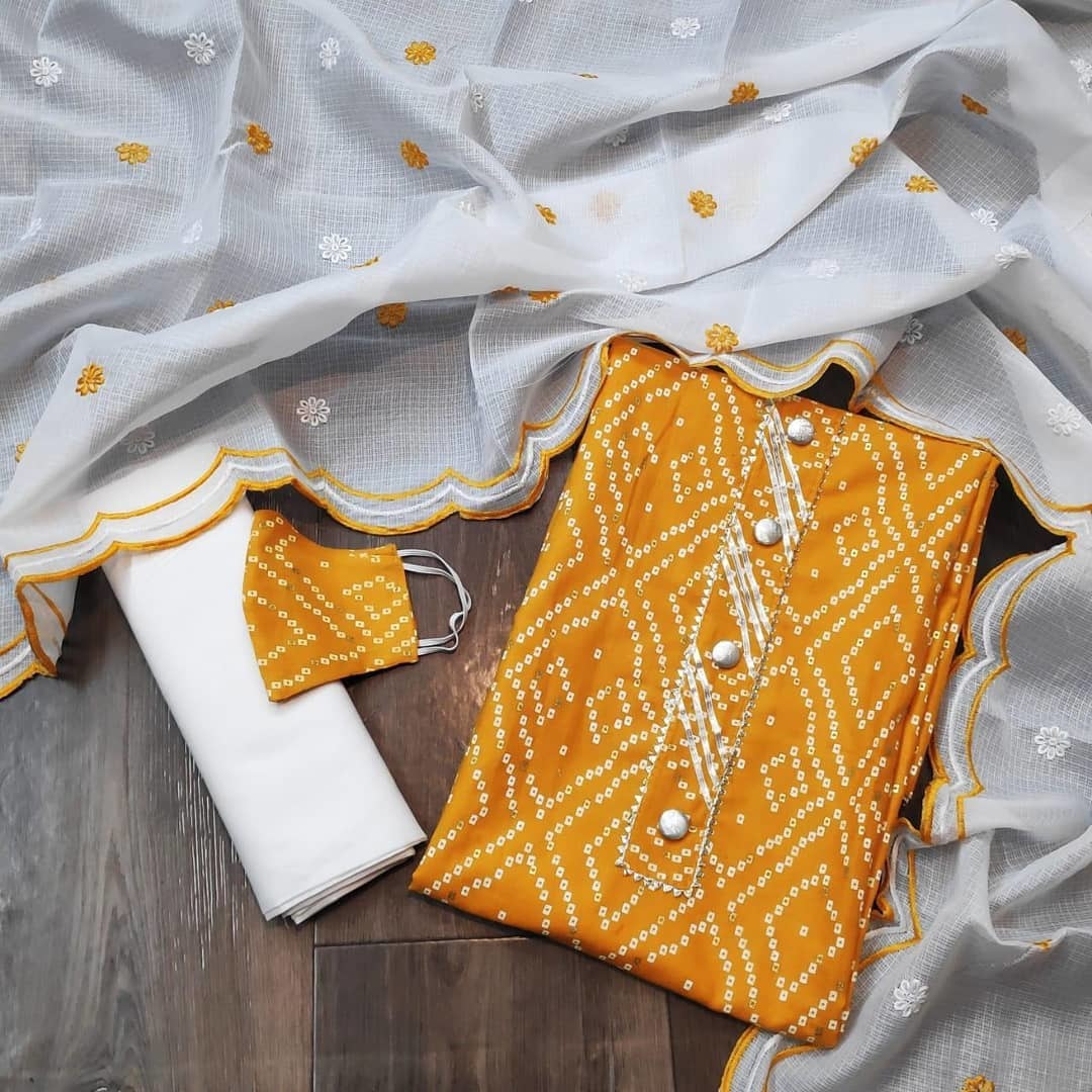 Slub Cotton Dress Material - Unstitched Cotton With Doriya Dupatta, Mirror-work, Custom Fit, Breathable, Quick Dry, Full Sleeves, Bandhani Print