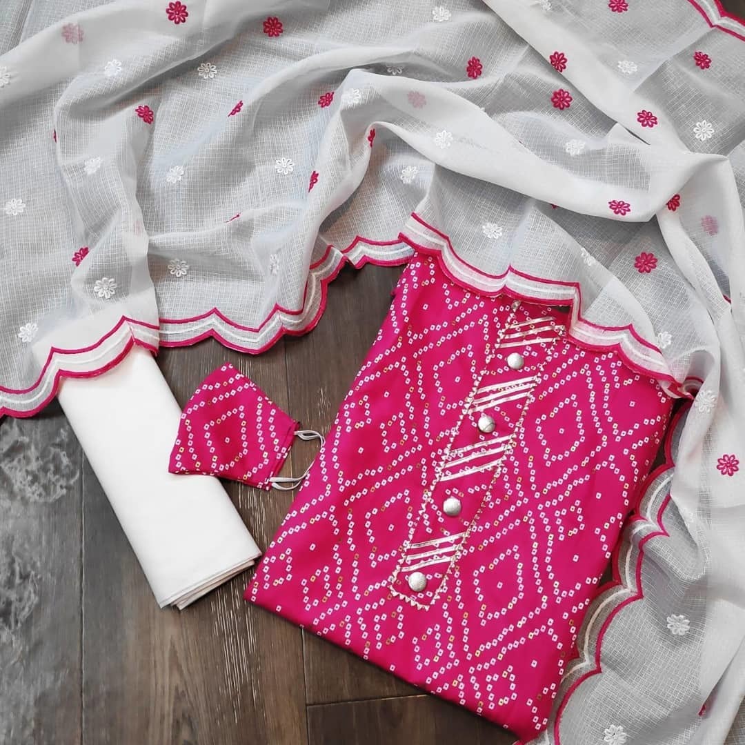 Slub Cotton Dress Material - Unstitched Cotton With Doriya Dupatta, Mirror-work, Custom Fit, Breathable, Quick Dry, Full Sleeves, Bandhani Print