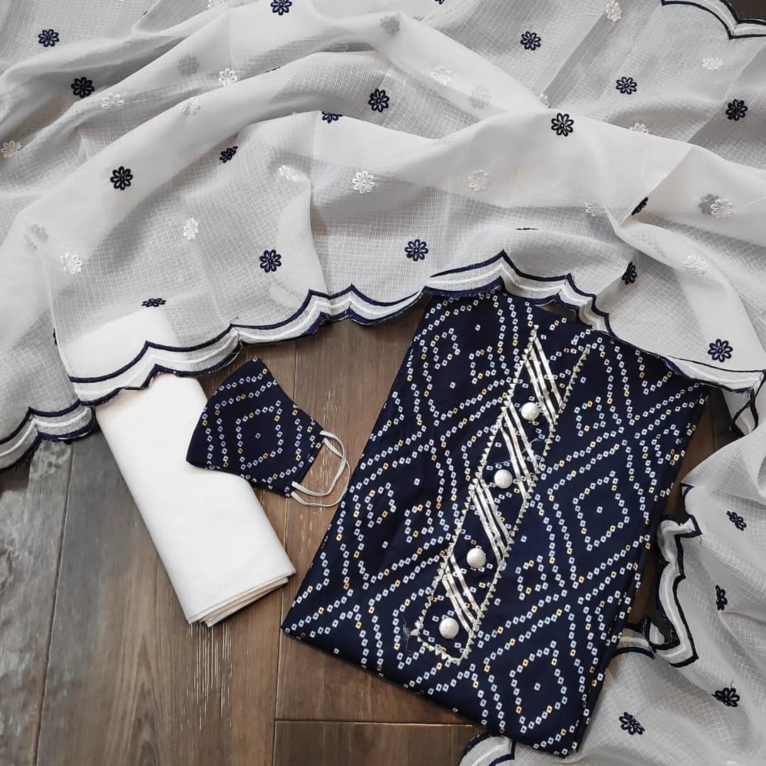 Slub Cotton Dress Material - Unstitched Cotton With Doriya Dupatta, Mirror-work, Custom Fit, Breathable, Quick Dry, Full Sleeves, Bandhani Print
