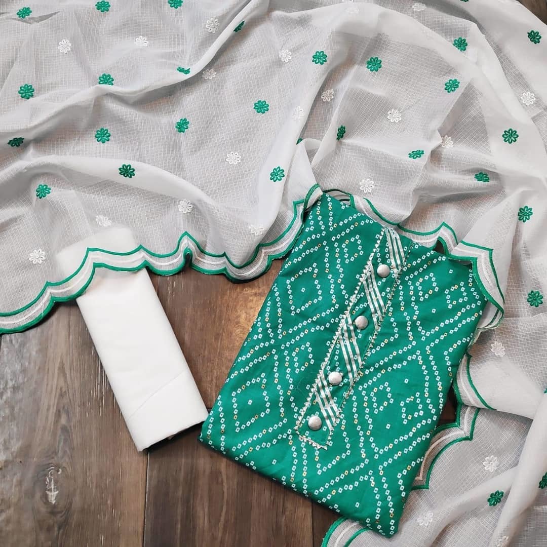Slub Cotton Dress Material - Unstitched Cotton With Doriya Dupatta, Mirror-work, Custom Fit, Breathable, Quick Dry, Full Sleeves, Bandhani Print