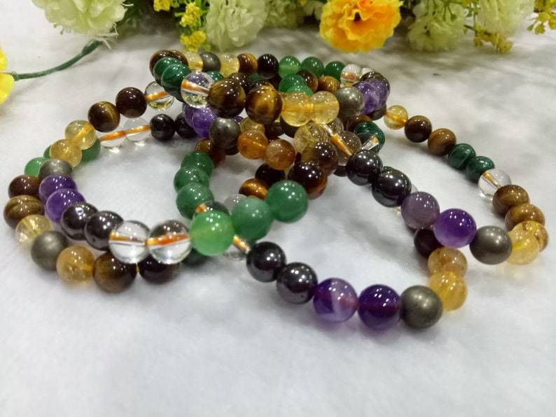 Multicolor Money Magnet Bracelet 8 Mm With Gemstones Pyrite Citrine Green Aventurine Tiger Eye Crystal Amethyst Malachite Magnetite