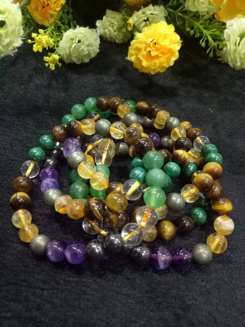 Multicolor Money Magnet Bracelet 8 Mm With Gemstones Pyrite Citrine Green Aventurine Tiger Eye Crystal Amethyst Malachite Magnetite