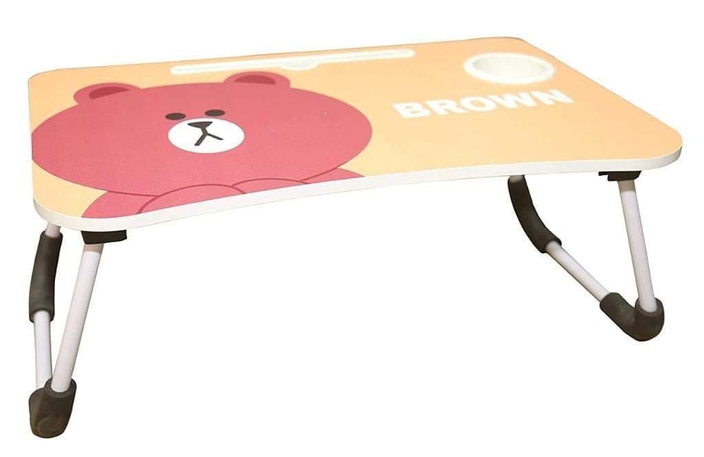 Brown Cartoon Laptop Table - Engineered Wood Top, 60x40x28 Cm, Brown Multicolor Cartoon Print | Foldable Anti-slip Legs, Portable, Waterproof, Stain-resistant Surface