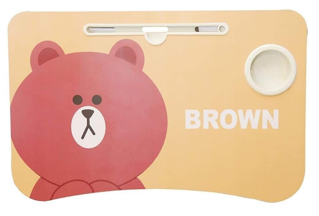 Brown Cartoon Laptop Table - Engineered Wood Top, 60x40x28 Cm, Brown Multicolor Cartoon Print | Foldable Anti-slip Legs, Portable, Waterproof, Stain-resistant Surface