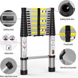 Silver 12.5 Ft (3.8 Meter) Portable Aluminum Telescopic Extension Ladder,13 Steps