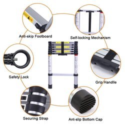 Silver 12.5 Ft (3.8 Meter) Portable Aluminum Telescopic Extension Ladder,13 Steps