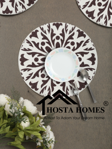 Table Mats - Pure Cotton Round Placemats 36 Cm Diameter | White & Beige Geometric Print, Handmade For Home Use