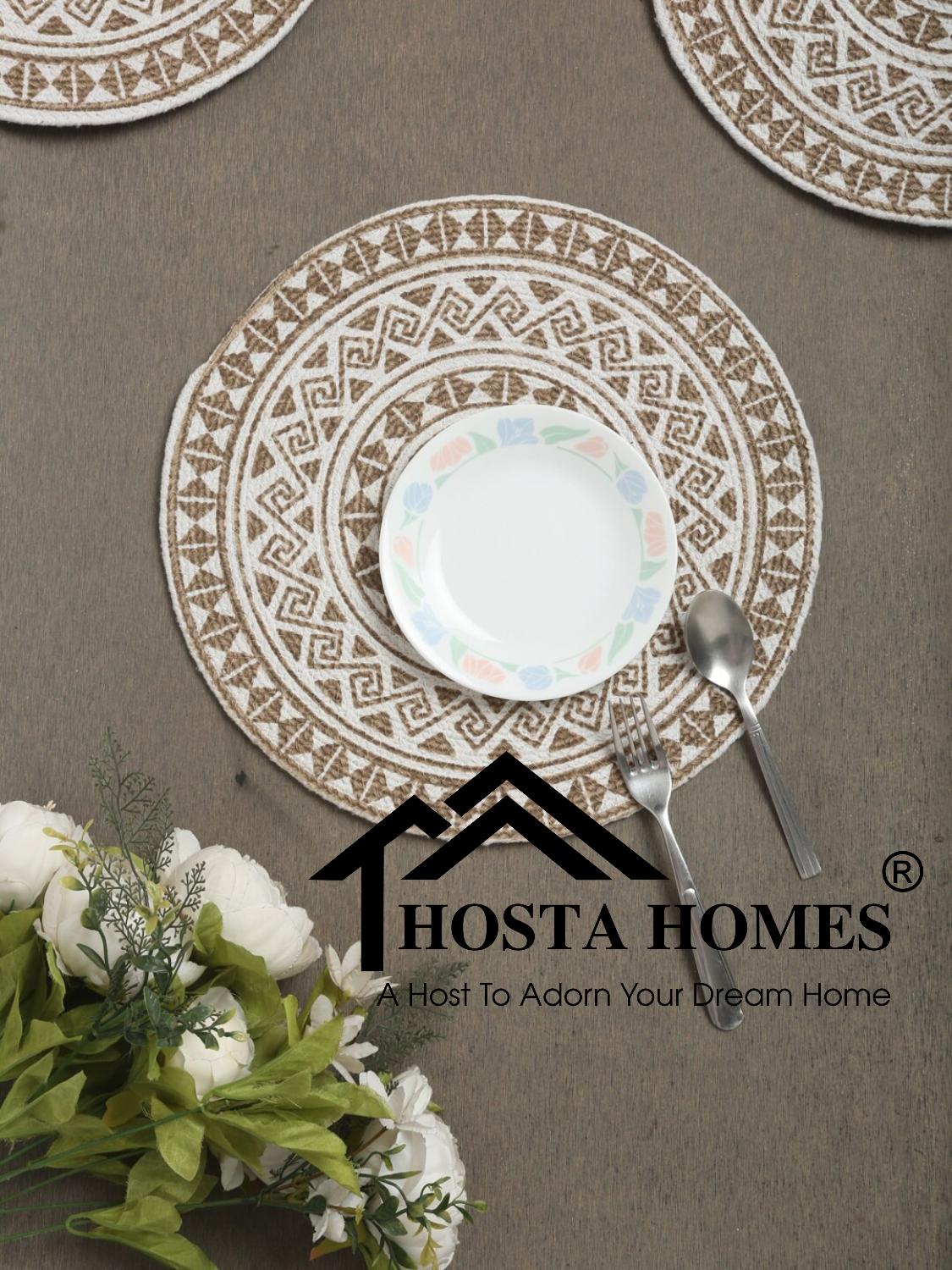 Table Mats - Pure Cotton Round Placemats 36 Cm Diameter | White & Beige Geometric Print, Handmade For Home Use