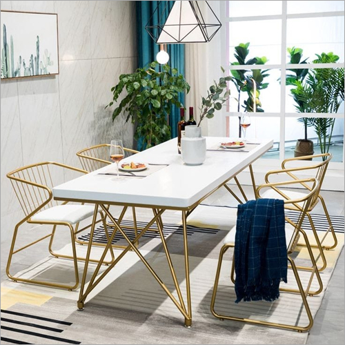 Dining Table - 60" x 30" x 30" | Modern Rectangular Design in Glossy White Metal & Marble Finish