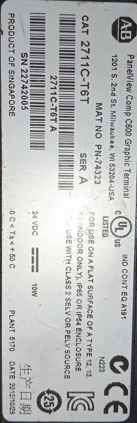 Allen Bradley Panel View 2711c-t6t