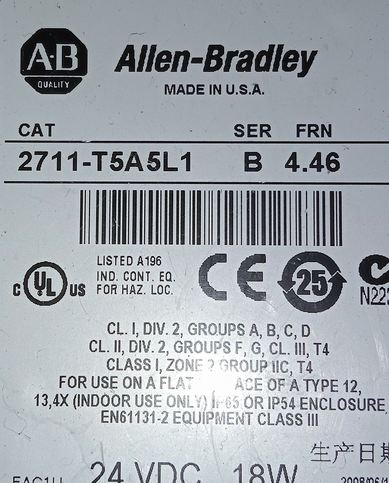 Allen Bradley Panel View 2711-t5a5l1